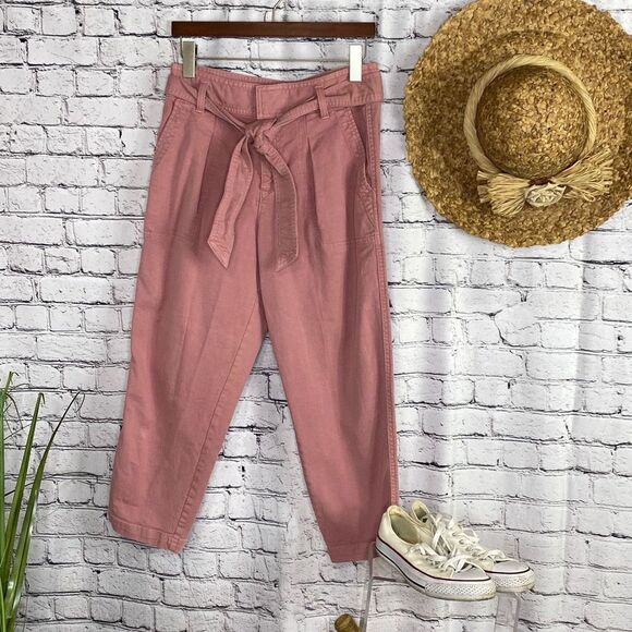 Loft Cropped PaperBag High -Rise Cotton Twill Pants‎ Tie Waist Pink 4P - Picture 1 of 12